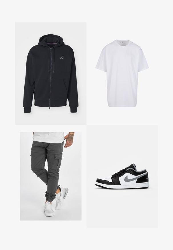 Black zip-up hoodie made from soft fabric, featuring a kangaroo pocket, ribbed cuffs, and a white embroidered logo on the chest.; White cotton t-shirt with short sleeves, rounded neckline, relaxed fit, and no visible logos or patterns. Smooth texture and minimal design.; Gray cargo pants with multiple pockets, tapered leg, and adjustable cuffs, paired with white sneakers with black accents and clear soles.; Jordan AIR JORDAN 1 LOW - Trainers - black/particle grey-white