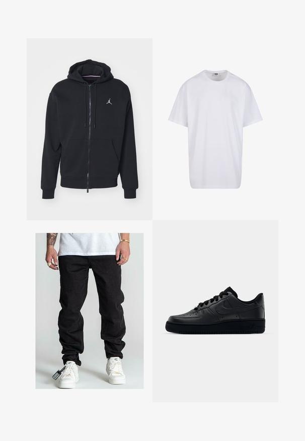 Sudadera con cremallera negra, hecha de un tejido suave, con un bolsillo tipo canguro, puños acanalados y un logo bordado en blanco en el pecho.; Camiseta blanca de algodón con mangas cortas, cuello redondo, corte relajado y sin logotipos ni patrones visibles. Textura suave y diseño minimalista.; Vaqueros de mezclilla negra con un corte relajado, con costuras visibles, bolsillos laterales y una etiqueta sujeta al zapato. Zapatillas blancas completan el look.; Zapatilla Nike Air Force 1 negra con parte superior de cuero liso, puntera perforada para transpirabilidad, cordones negros y suela de goma texturizada.
