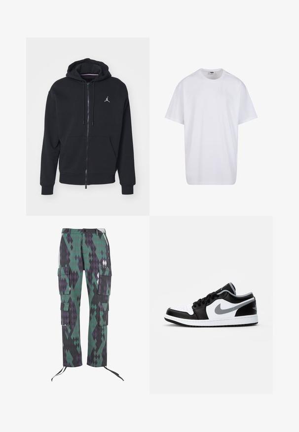 Melnas ar rāvējslēdzēju kapucēta jaka, izgatavota no mīksta auduma, ar kangaru kabatu, ribinātām piedurknēm un baltu izšūtu logo uz krūtīm.; Balta kokvilnas T-kreklu ar īsām piedurknēm, apaļu kakla izgriezumu, brīvu piegriezumu un bez redzamām logo vai rakstiem. Gluda tekstūra un minimālistisks dizains.; Kargo bikses dimanta rakstā zaļā, purpursarkanā un melnā krāsā. Tām ir sešas kabatas, regulējami aproces un pogu aizdare viduklī.; Jordan AIR JORDAN 1 LOW - Treniņu apavi - black/particle grey-white