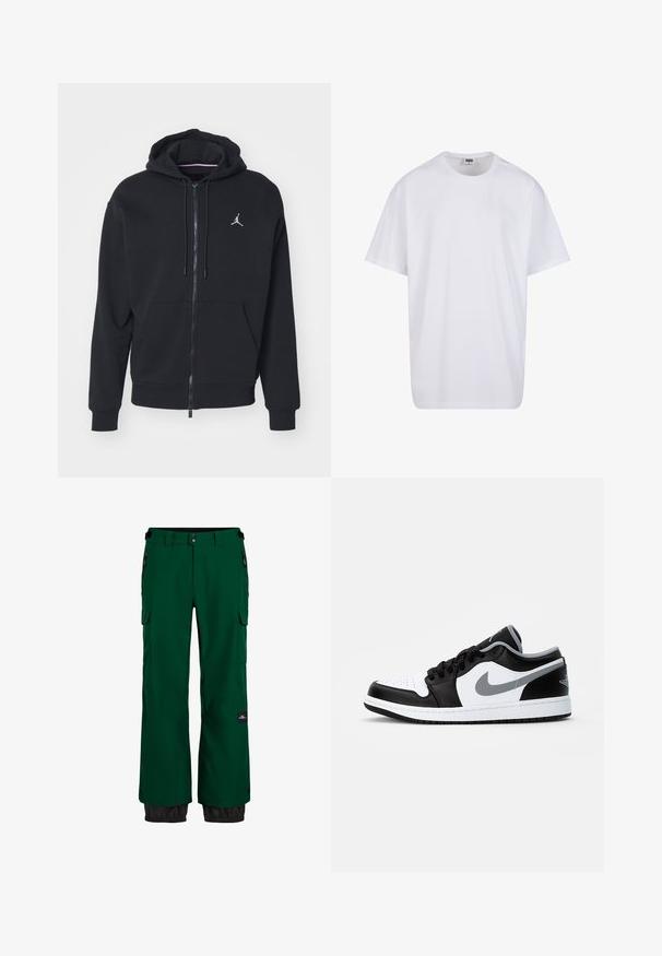 Felpa nera con zip realizzata in tessuto morbido, con tasca a marsupio, polsini a costine e un logo ricamato bianco sul petto.; Maglietta bianca in cotone con maniche corte, scollatura rotonda, vestibilità comoda e senza loghi o motivi visibili. Texture liscia e design minimale.; Pantaloni da neve impermeabili verdi con tasca cargo, polsini elasticizzati e orlo inferiore nero a contrasto. Presentano cerniere e un tessuto resistente.; Jordan AIR JORDAN 1 LOW - Sneakers basse - black/particle grey-white