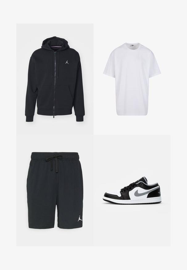 Mustapaita, jossa on vetoketju ja pehmeä kangas, varustettu kengurupussilla, ribattuilla hihansuilla ja valkoisella brodeeratulla logolla rinnassa.; Valkoinen puuvillainen t-paita, jossa on lyhyet hihat, pyöreä kaula-aukko, rento istuvuus ja ei näkyviä logoja tai kuvioita. Sileä pinta ja minimaalinen muotoilu.; Mustat urheilushortsit, jotka on valmistettu rei'itetystä kankaasta. Niissä on joustava vyötärönauha ja kiristysnyöri. Alhaalla vasemmalla puolella on valkoinen logo.; Jordan AIR JORDAN 1 LOW - Matalavartiset tennarit - black/particle grey-white
