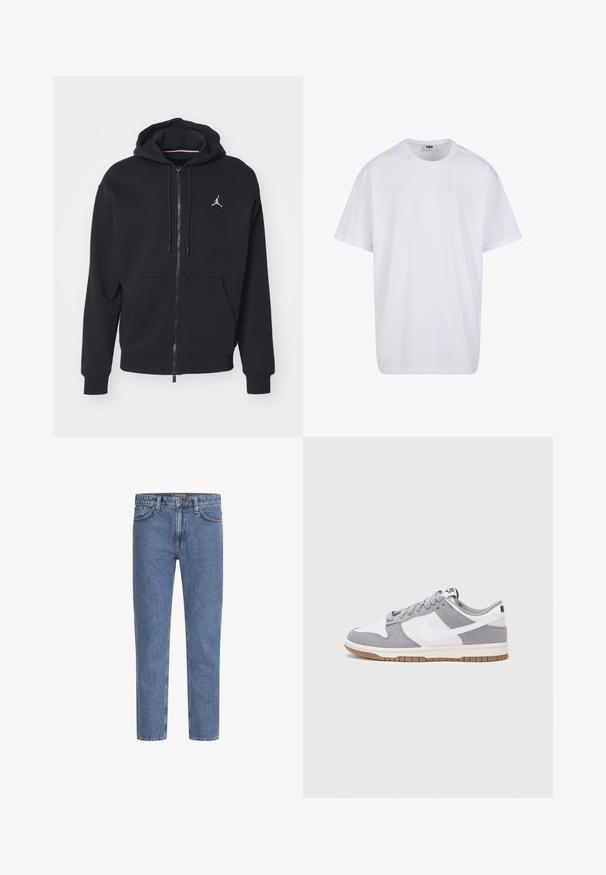 Hanorac negru cu fermoar, fabricat dintr-un material moale, având un buzunar tip kangur, mânici cu striații și un logo brodat alb pe piept.; Tricou alb din bumbac cu mâneci scurte, decolteu rotund, croială lejeră și fără logo-uri sau modele vizibile. Textură netedă și design minimalist.; Blugi din denim albastru deschis cu croială dreaptă, cinci buzunare și cusături contrastante. Ușor decolorați pentru un aspect uzat. Nasture metalic masiv.; Sneaker gri și alb, cu un superior din suede și piele, vârf rotund, șireturi plate și o talpă din cauciuc ce prezintă un accent de culoare gum.