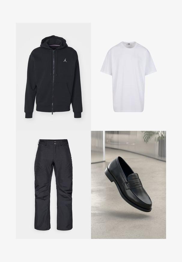Hanorac negru cu fermoar, fabricat dintr-un material moale, având un buzunar tip kangur, mânici cu striații și un logo brodat alb pe piept.; Tricou alb din bumbac cu mâneci scurte, decolteu rotund, croială lejeră și fără logo-uri sau modele vizibile. Textură netedă și design minimalist.; Burton GORE BALLAST - Pantaloni de snowboard - true black; Mocasini negri din piele cu textură fină, vârf ascuțit și o curea decorativă peste laba piciorului. Talpă ușoară, design minimalist.