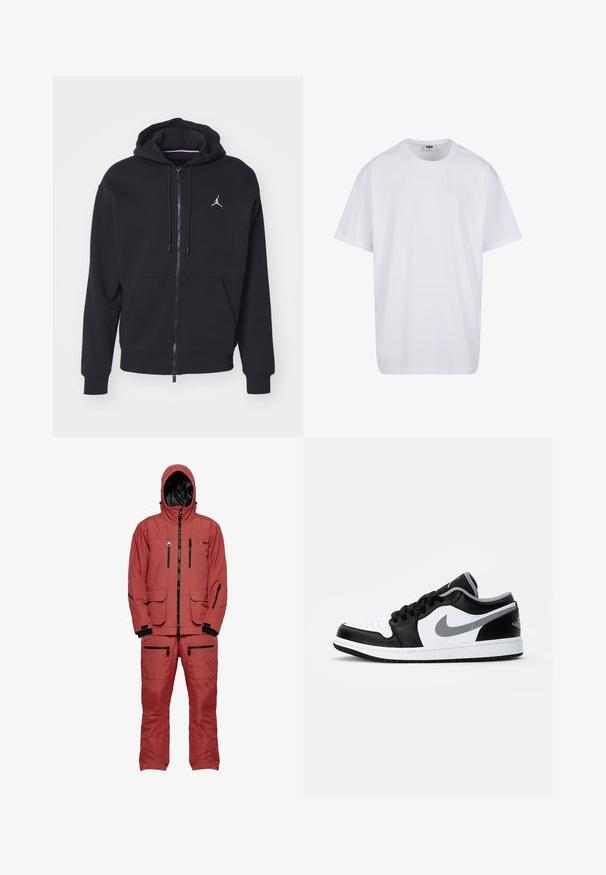 Must mustri zipperiga kapuutsiga, mis on valmistatud pehmest kangast, kangaroo taskuga, ribareitega mansettide ja valge tikitud logoga rinnal.; Valge puuvillane t-särk lühikeste varrukatega, ümmarguse kaelusega, lõdva lõikega ja ilma nähtavate logodeta või mustriteta. Sile tekstuur ja minimaalne disain.; Punane veekindel suusakostüüm kapuutsiga, mustade lukud ja aktsendid, mitmed taskud ning tekstuuriga kangas soojustamiseks.; Jordan AIR JORDAN 1 LOW - Tossud - black/particle grey-white