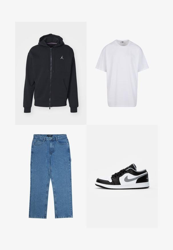 Must mustri zipperiga kapuutsiga, mis on valmistatud pehmest kangast, kangaroo taskuga, ribareitega mansettide ja valge tikitud logoga rinnal.; Valge puuvillane t-särk lühikeste varrukatega, ümmarguse kaelusega, lõdva lõikega ja ilma nähtavate logodeta või mustriteta. Sile tekstuur ja minimaalne disain.; Sinised teksapüksid sirge lõikega, viie taskuga, nööbiga kinnitamine ja vöökohad. Kangas on tekstureeritud viimistlusega.; Jordan AIR JORDAN 1 LOW - Tossud - black/particle grey-white