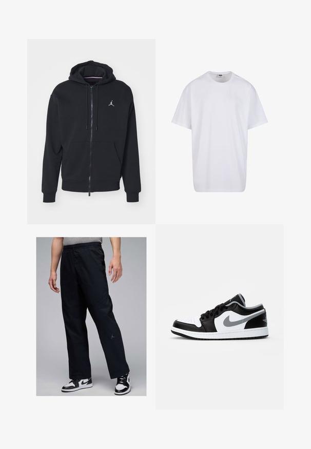 Crna zip-jakna napravljena od mekog materijala, s kenguruljom džepom, rebrastim manžetama i bijelim vezivnim logotipom na prsima.; Bijela pamučna majica s kratkim rukavima, zaobljenim izrezom, opuštenog kroja, bez vidljivih logotipa ili uzoraka. Glatka tekstura i minimalni dizajn.; Crne trenirke s elastičnim strukom, bočnim džepovima i malim sivim logotipom na donjoj nozi. Glatki materijal, ležerni kroj.; Jordan AIR JORDAN 1 LOW - Tenisice - black/particle grey-white