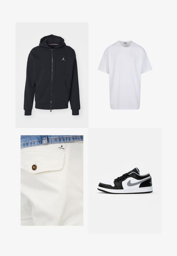 Sudadera con cremallera negra, hecha de un tejido suave, con un bolsillo tipo canguro, puños acanalados y un logo bordado en blanco en el pecho.; Camiseta blanca de algodón con mangas cortas, cuello redondo, corte relajado y sin logotipos ni patrones visibles. Textura suave y diseño minimalista.; Pantalones cortos de algodón blancos con un bolsillo frontal, presentando un botón marrón y una pequeña etiqueta de JACK & JONES cerca de la cintura.; Jordan AIR JORDAN 1 LOW - Zapatillas - black/particle grey-white