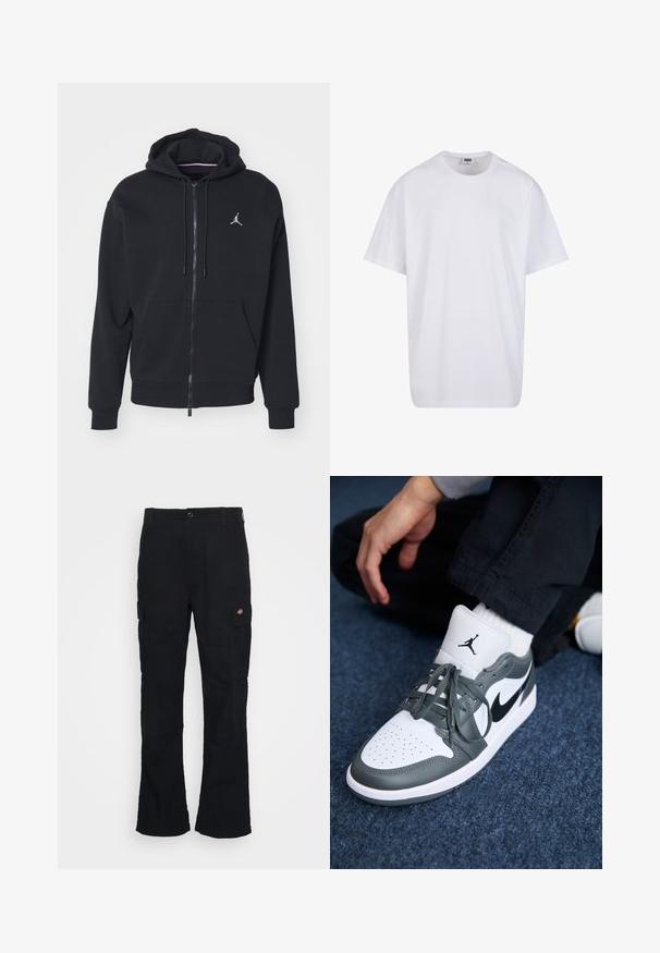 Juodas užtrauktukas džemperis, pagamintas iš minkštos medžiagos, su kengūros tipo kišene, didelėmis rankogaliais ir balta išsiuvinėta logotipu ant krūtinės.; Balta medvilninė marškinėlių užsagėlė su trumpomis rankovėmis, apvaliu kaklu, laisva forma ir be matomų logotipų ar raštų. Lygi tekstūra ir minimalus dizainas.; Juodos kargo kelnės su tiesiu sijonu, pagamintos iš tvirto audinio, su šoninėmis kišenėmis ir pleistru su logotipu kairėje pusėje.; Nike Air Jordan 1 sportbačiai balta ir pilka oda, su juodu logotipu, perforuotu pirštu ir plokščiomis pilkomis raištelėmis.