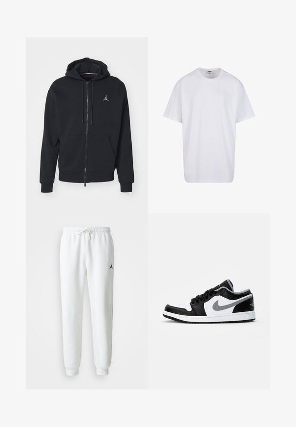 Mustapaita, jossa on vetoketju ja pehmeä kangas, varustettu kengurupussilla, ribattuilla hihansuilla ja valkoisella brodeeratulla logolla rinnassa.; Valkoinen puuvillainen t-paita, jossa on lyhyet hihat, pyöreä kaula-aukko, rento istuvuus ja ei näkyviä logoja tai kuvioita. Sileä pinta ja minimaalinen muotoilu.; Valkoiset collegehousut, jotka on valmistettu pehmeästä puuvillasekoitteesta. Housuissa on joustava vyötärö, jossa on nauha, ja vasemmassa reidessä pieni musta logo.; Jordan AIR JORDAN 1 LOW - Matalavartiset tennarit - black/particle grey-white