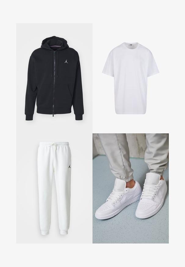 Zwarte zip-up hoodie gemaakt van zachte stof, met een kangoeroezak, geribde boorden en een wit geborduurd logo op de borst.; Witte katoenen t-shirt met korte mouwen, ronde hals, relaxte pasvorm en zonder zichtbare logo's of patronen. Gladde textuur en minimalistisch ontwerp.; Witte sweats waarin zacht katoen is verwerkt, met een elastische tailleband met trekkoord en een klein zwart logo op de linker dij.; Witte leren sneakers met een geperforeerde neus, platte veters, een gepolsterde kraag en het Jordan-logo op de tong. Gediend met grijze joggers.
