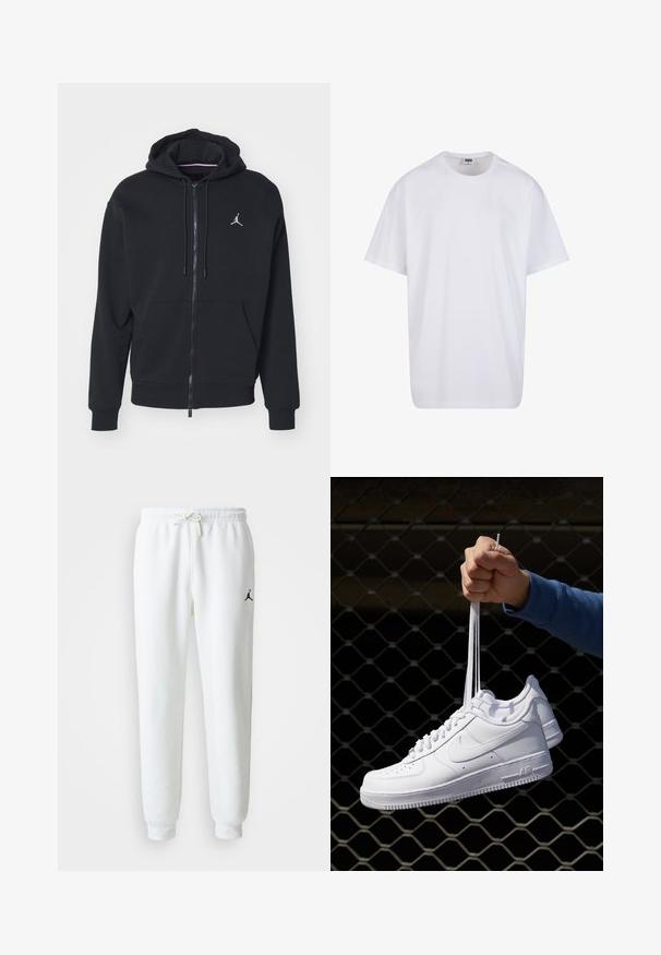 Čierna zip-up mikina vyrobená z mäkkej tkaniny, s kengurou vreckom, rebrovanými manžetami a bielym vyšitým logom na hrudi.; Biela bavlnená tričko s krátkymi rukávmi, okrúhlym výstrihom, uvoľneným strihom a žiadnymi viditeľnými logami alebo vzormi. Hladká textúra a minimálny dizajn.; Biele teplákové nohavice z mäkkého zmesového bavlneného materiálu, s elastickým pásom na stiahnutie a malým čiernym logom na ľavom stehne.; Biele kožené tenisky s perforáciami, okrúhlou špičkou, plochou podrážkou a hrubými šnúrkami, pričom majú viditeľné logo swoosh a nápis "AIR" na päte.