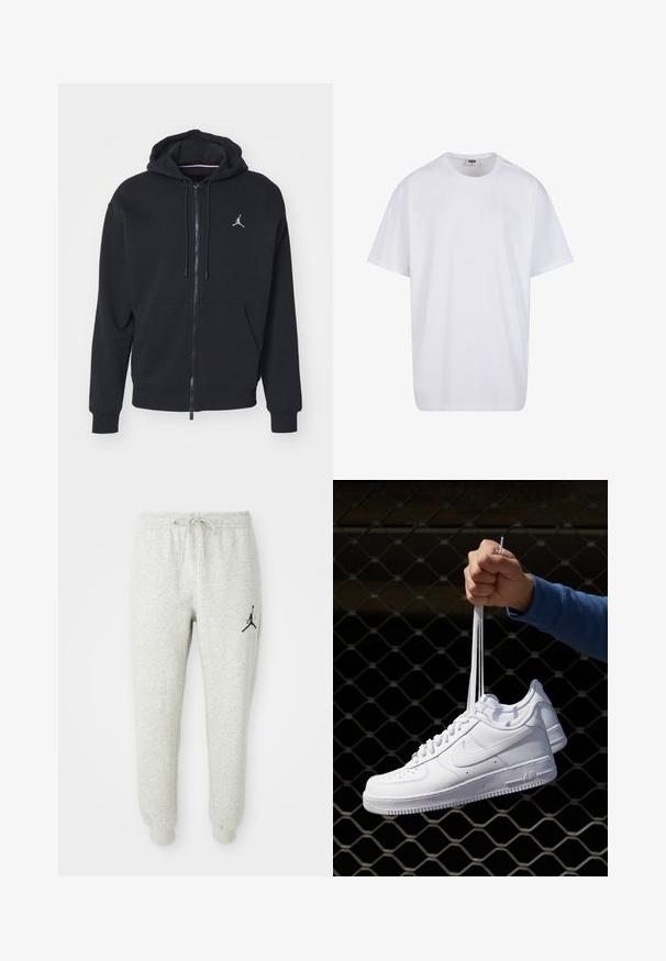 Sort zip-up hoodie lavet af blødt stof, med en kængurulomme, ribbede manchetter og et hvidt broderet logo på brystet.; Hvid bomulds t-shirt med korte ærmer, rund halsudskæring, afslappet pasform, og ingen synlige logoer eller mønstre. Glat tekstur og minimalistisk design.; Grå svedbukser med elastisk talje og snøre, med et sort Jumpman-logo på venstre ben, lavet af blødt, tekstureret stof.; Hvide lædersneakers med perforeringer, rund tå, flad sål og tykke snørebånd, med et synligt swoosh-logo og "AIR" på hælen.