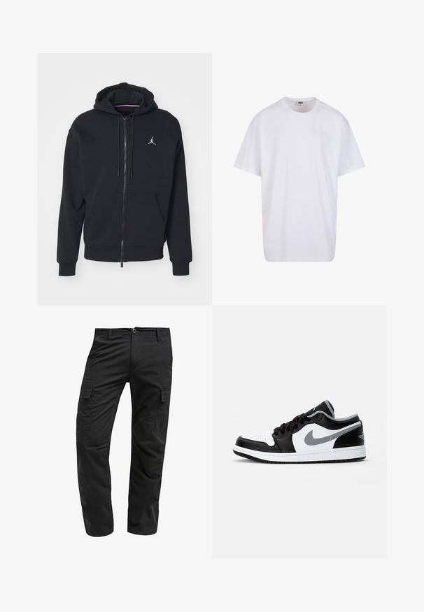 Juodas užtrauktukas džemperis, pagamintas iš minkštos medžiagos, su kengūros tipo kišene, didelėmis rankogaliais ir balta išsiuvinėta logotipu ant krūtinės.; Balta medvilninė marškinėlių užsagėlė su trumpomis rankovėmis, apvaliu kaklu, laisva forma ir be matomų logotipų ar raštų. Lygi tekstūra ir minimalus dizainas.; Juodos krovinių kelnės su tiesiu sijonu, pagamintos iš tvirto audinio, turinčios keletą šoninių kišenių ir sagčių užsegimą juosmens srityje.; Jordan AIR JORDAN 1 LOW - Sportbačiai - black/particle grey-white