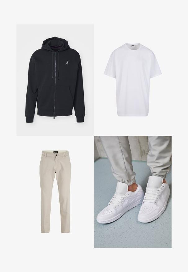 Hoodie noir à zip fabriqué en tissu doux, avec une poche kangourou, des poignets côtelés et un logo brodé blanc sur la poitrine.; T-shirt en coton blanc avec des manches courtes, un col rond, une coupe décontractée et sans logos ni motifs visibles. Texture lisse et design minimaliste.; Chinos en coton beiges avec un design à jambe droite, dotés d'une fermeture à bouton à l'avant et de passants de ceinture. Texture lisse, style minimaliste.; Des baskets en cuir blanc présentent une zone de perforation à l'avant, des lacets plats, un col rembourré et le logo Jordan sur la languette. Portées avec un pantalon de jogging gris.