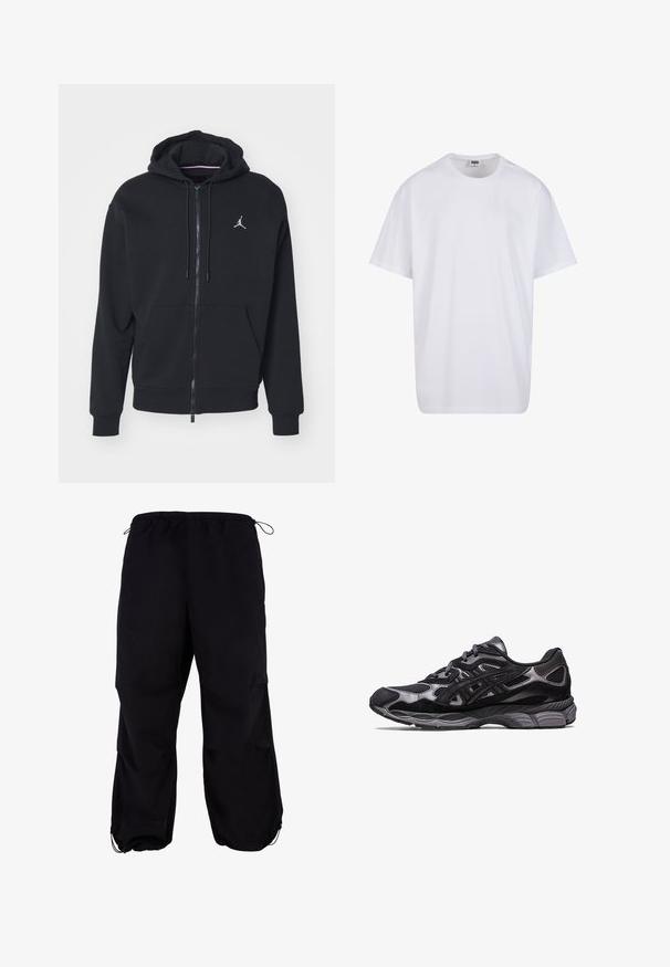 Zwarte zip-up hoodie gemaakt van zachte stof, met een kangoeroezak, geribde boorden en een wit geborduurd logo op de borst.; Witte katoenen t-shirt met korte mouwen, ronde hals, relaxte pasvorm en zonder zichtbare logo's of patronen. Gladde textuur en minimalistisch ontwerp.; Zwarte, losvallende cargo broeken met een elastische tailleband en verstelbare koordjes. Voorzien van ritszakken en enkelmanchetten.; Zwarte sportschoen met een bovenwerk van mesh en suede, met een gestructureerd ontwerp en een robuuste, gewatteerde grijze zool.