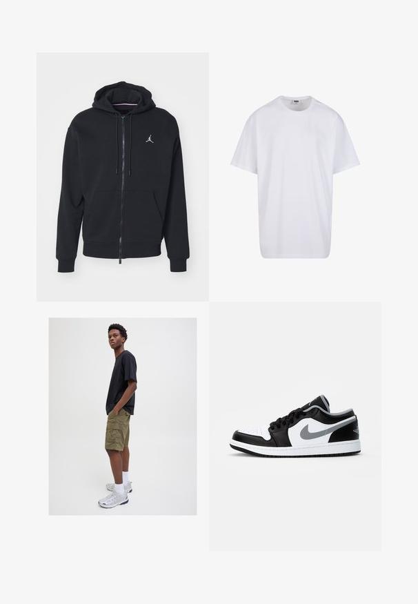 Must mustri zipperiga kapuutsiga, mis on valmistatud pehmest kangast, kangaroo taskuga, ribareitega mansettide ja valge tikitud logoga rinnal.; Valge puuvillane t-särk lühikeste varrukatega, ümmarguse kaelusega, lõdva lõikega ja ilma nähtavate logodeta või mustriteta. Sile tekstuur ja minimaalne disain.; Mustanud lühikeste varrukatega t-särk, oliivrohelised kotišortsid taskutega, valged alukotid ja hõbedased spordijalatsid, seismas neutraalse taustaga.; Jordan AIR JORDAN 1 LOW - Tossud - black/particle grey-white
