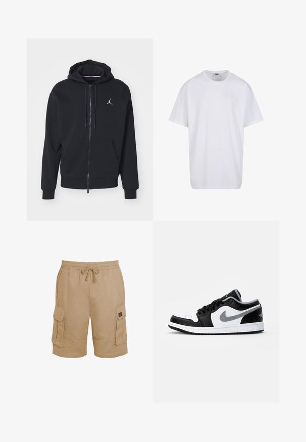 Schwarze Zip-Hoodie aus weichem Stoff, mit einer Kängurutasche, gerippten Bündchen und einem weißen gestickten Logo auf der Brust.; Weiße Baumwoll-T-Shirt mit kurzen Ärmeln, rundem Ausschnitt, lockerer Passform und ohne sichtbare Logos oder Muster. Glatte Textur und minimalistisches Design.; Beige Baumwoll-Cargo-Shorts mit einem elastischen Taillenbund, Kordelzug und mehreren Seitentaschen. Strukturiertes Material mit genähten Akzenten.; Jordan AIR JORDAN 1 LOW - Sneaker low - black/particle grey-white