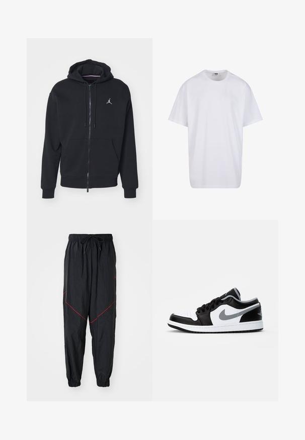 Čierna zip-up mikina vyrobená z mäkkej tkaniny, s kengurou vreckom, rebrovanými manžetami a bielym vyšitým logom na hrudi.; Biela bavlnená tričko s krátkymi rukávmi, okrúhlym výstrihom, uvoľneným strihom a žiadnymi viditeľnými logami alebo vzormi. Hladká textúra a minimálny dizajn.; Čierne tepláky vyrobené z ľahkého materiálu s červeným akcentovým prešívaním, elastickým pásom so šnúrkou a elastickými manžetami.; Jordan AIR JORDAN 1 LOW - Tenisky - black/particle grey-white