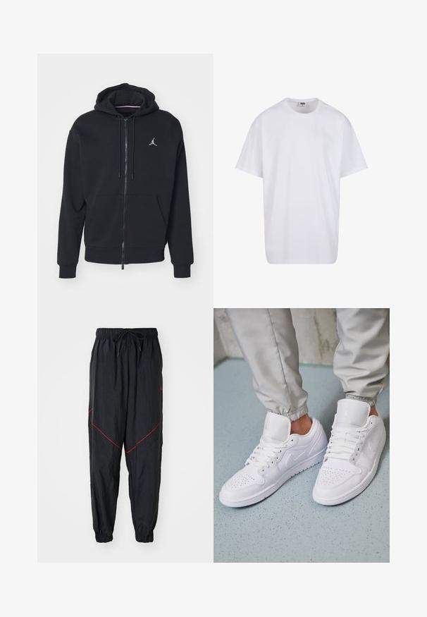 Fekete, cipzáros kapucnis pulóver, puha anyagból készült, elöl zsebes kialakítással, bordázott mandzsettákkal és fehér hímzett logóval a mellkasán.; Fehér pamut póló rövid ujjal, kerek nyakú, laza szabású, és nincsenek látható logók vagy minták. Simább textúra és minimalista dizájn.; Fekete sportos nadrág könnyű anyagból, piros díszvarrással, rugalmas derekkal és zsinórral, valamint rugalmas mandzsettákkal.; Fehér bőr sportcipők perforált orr résszel, lapos fűzőkkel, párnázott bokarésszel és Jordan logóval a nyelvén. Szürke melegítőnadrággal viselve.