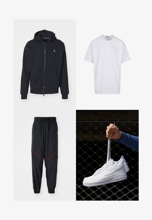 Melnas ar rāvējslēdzēju kapucēta jaka, izgatavota no mīksta auduma, ar kangaru kabatu, ribinātām piedurknēm un baltu izšūtu logo uz krūtīm.; Balta kokvilnas T-kreklu ar īsām piedurknēm, apaļu kakla izgriezumu, brīvu piegriezumu un bez redzamām logo vai rakstiem. Gluda tekstūra un minimālistisks dizains.; Melni sporta bikses, kas izgatavotas no viegla auduma, ar sarkanu akcentu šuvēm, elastīgu jostu ar aukliņu un elastīgām piedurknēm.; Baltas ādas sporta apavi ar perforācijām, apaļu purngali, plakanu zoli un biezām šņorēm, ar redzamu swoosh logo un vārdu "AIR" uz papēža.