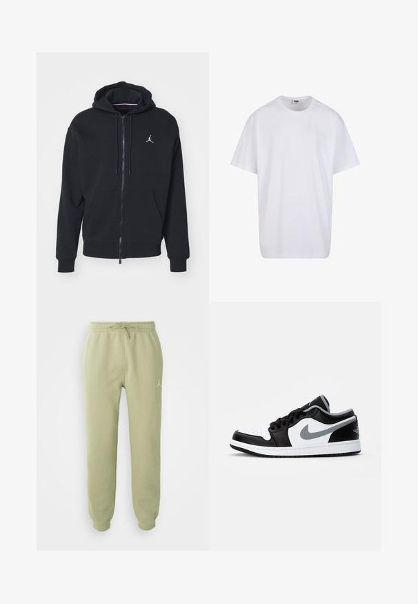 Juodas užtrauktukas džemperis, pagamintas iš minkštos medžiagos, su kengūros tipo kišene, didelėmis rankogaliais ir balta išsiuvinėta logotipu ant krūtinės.; Balta medvilninė marškinėlių užsagėlė su trumpomis rankovėmis, apvaliu kaklu, laisva forma ir be matomų logotipų ar raštų. Lygi tekstūra ir minimalus dizainas.; Šviesiai žali sportiniai džinsai su elastine juosta, raišteliu, užrišamais kulkšniais ir maža Jumpman logotipu dešiniajame šlaunyje.; Jordan AIR JORDAN 1 LOW - Sportbačiai - black/particle grey-white