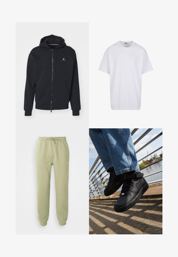 Mustapaita, jossa on vetoketju ja pehmeä kangas, varustettu kengurupussilla, ribattuilla hihansuilla ja valkoisella brodeeratulla logolla rinnassa.; Valkoinen puuvillainen t-paita, jossa on lyhyet hihat, pyöreä kaula-aukko, rento istuvuus ja ei näkyviä logoja tai kuvioita. Sileä pinta ja minimaalinen muotoilu.; Vaaleanvihreät juoksuhousut, joissa on elastinen vyötärö, nyöritys, nilkkamiinat ja pieni Jumpman-logo oikeassa reidessä.; Mustat Nike Air Force 1 -kengät, joissa on nahkapäällinen, verkko kieli ja kumipohja. Kengissä on korkeakuppinen muotoilu ja paksut nauhat.
