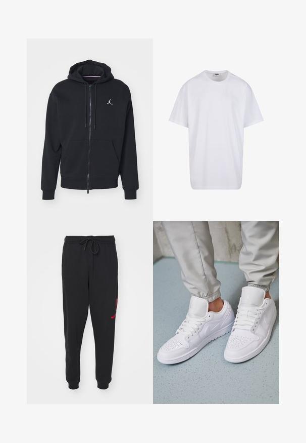 Fekete, cipzáros kapucnis pulóver, puha anyagból készült, elöl zsebes kialakítással, bordázott mandzsettákkal és fehér hímzett logóval a mellkasán.; Fehér pamut póló rövid ujjal, kerek nyakú, laza szabású, és nincsenek látható logók vagy minták. Simább textúra és minimalista dizájn.; Fekete, puha anyagból készült melegítőnadrág, elasztikus derékpánttal, amelyhez húzózsinór is tartozik. A bal lábon piros grafikai részlet található.; Fehér bőr sportcipők perforált orr résszel, lapos fűzőkkel, párnázott bokarésszel és Jordan logóval a nyelvén. Szürke melegítőnadrággal viselve.