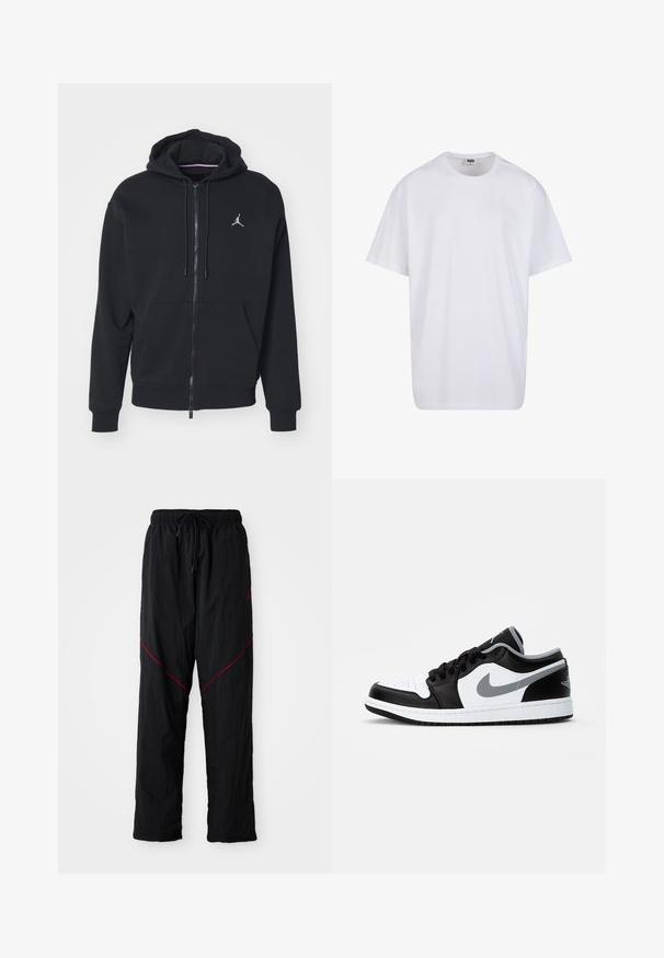 Schwarze Zip-Hoodie aus weichem Stoff, mit einer Kängurutasche, gerippten Bündchen und einem weißen gestickten Logo auf der Brust.; Weiße Baumwoll-T-Shirt mit kurzen Ärmeln, rundem Ausschnitt, lockerer Passform und ohne sichtbare Logos oder Muster. Glatte Textur und minimalistisches Design.; Schwarze Sporthosen mit strukturiertem Finish, versehen mit einem Kordelzugbund, roten Akzentlinien und einer lockeren Passform.; Jordan AIR JORDAN 1 - Sneaker low - black/particle grey-white