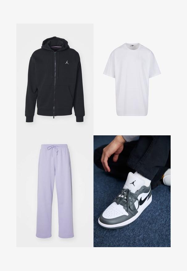 Melnas ar rāvējslēdzēju kapucēta jaka, izgatavota no mīksta auduma, ar kangaru kabatu, ribinātām piedurknēm un baltu izšūtu logo uz krūtīm.; Balta kokvilnas T-kreklu ar īsām piedurknēm, apaļu kakla izgriezumu, brīvu piegriezumu un bez redzamām logo vai rakstiem. Gluda tekstūra un minimālistisks dizains.; Violeta sporta bikses ar elastīgu jostasvietu un auklu. Mīksts audums, taisnu kāju dizains un sānu kabatas. Gluda tekstūra.; Nike Air Jordan 1 kedas baltā un pelēkā ādas krāsā, ar melnu logotipu, perforētu purngalu un plakaniem pelēkiem šņorēm.