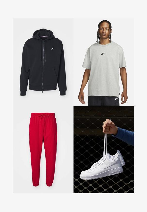 Melnas ar rāvējslēdzēju kapucēta jaka, izgatavota no mīksta auduma, ar kangaru kabatu, ribinātām piedurknēm un baltu izšūtu logo uz krūtīm.; Jaunietis ar pītām matēm, kas valkā gaiši pelēku Nike T-kreklu un melnas Nike šortus uz vienkārša balta fona.; Sarkanas sporta bikses, kas izgatavotas no mīksta auduma, ar elastīgu jostu un auklu, kā arī elastīgiem piedurkņu galiem. Uz biksēm ir neliels melns logotips.; Baltas ādas sporta apavi ar perforācijām, apaļu purngali, plakanu zoli un biezām šņorēm, ar redzamu swoosh logo un vārdu "AIR" uz papēža.