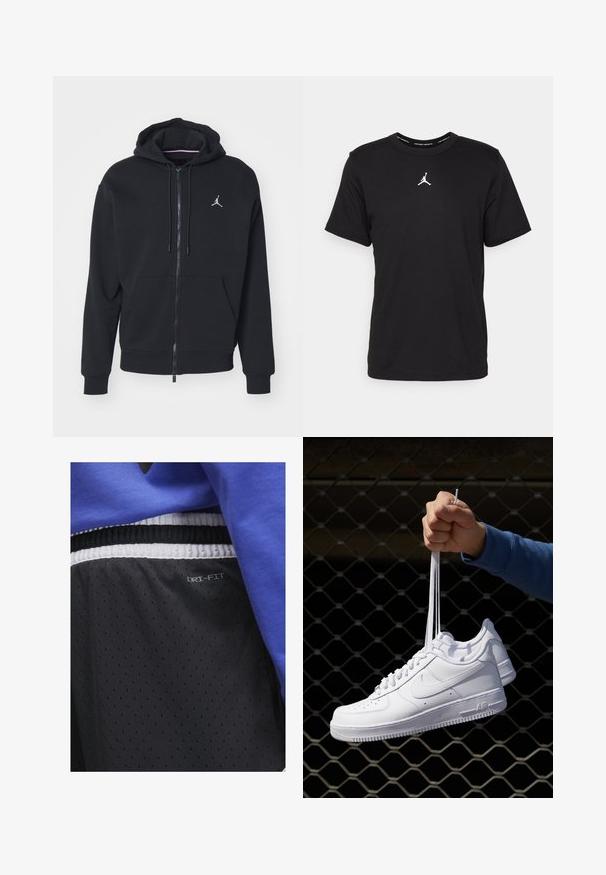 Schwarze Zip-Hoodie aus weichem Stoff, mit einer Kängurutasche, gerippten Bündchen und einem weißen gestickten Logo auf der Brust.; Schwarzes Baumwoll-T-Shirt mit kurzen Ärmeln, Rundhalsausschnitt, mit einem weißen Jumpman-Logo auf der Brustmitte und einer glatten, leichten Textur.; Jordan DIAMOND SHORT - Kurze Sporthose - black/white/white/(white); Weiße Leder-Sneaker mit Perforationen, runder Zehenpartie, flacher Sohle und dicken Schnürsenkeln, mit sichtbar eingesticktem Swoosh-Logo und "AIR" an der Ferse.