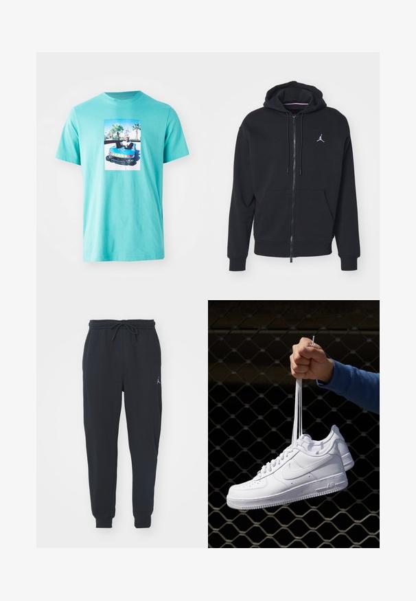 Fleeced preto com fecho, feito de um tecido suave, apresentando um bolso canguru, punhos canelados e um logo bordado branco no peito.; T-shirt de algodão turquesa com uma impressão gráfica retangular apresentando uma pessoa em um carro de choque colorido, rodeada de palmeiras.; Calças de jogger pretas feitas de um tecido macio, apresentando uma cintura elástica com cordão, punhos canelados e um pequeno logótipo na coxa esquerda.; Sapatilhas de couro branco com perfurações, biqueira redonda, sola plana e atacadores grossos, apresentando um logotipo swoosh visível e "AIR" no calcanhar.
