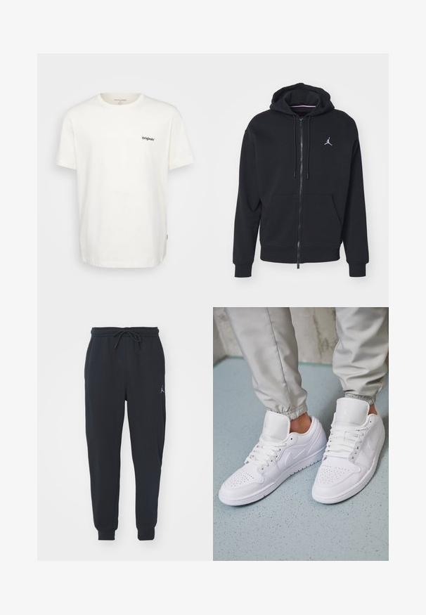 Svart zip-up hoodie tillverkad av mjukt tyg, med en känguruficka, ribbade ärmar och en vit broderad logga på bröstet.; Vit bomulls-T-shirt med korta ärmar, rund halsringning och svart "Originals"-text på vänster framsida. Mjuk textur och rak skärning.; Svarta joggarbyxor av mjukt material, med elastisk midja samt snörning, ribbade muddarna och en liten logotyp på vänster lår.; Vita läder sneakers har en perforerad tåbox, platta snören, vadderad krage och Jordan-logotypen på tungan. Bärs tillsammans med grå joggingbyxor.