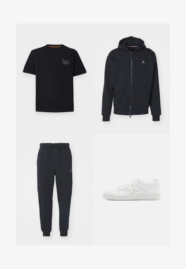 Fleeced preto com fecho, feito de um tecido suave, apresentando um bolso canguru, punhos canelados e um logo bordado branco no peito.; T-shirt de algodão preta com gola redonda, mangas curtas e um logotipo cinza texturizado no lado esquerdo do peito. Tecido suave com um corte regular.; Calças de jogger pretas feitas de um tecido macio, apresentando uma cintura elástica com cordão, punhos canelados e um pequeno logótipo na coxa esquerda.; Sapatilha branca feita de couro liso, com bico perfurado, sola de borracha texturizada, atacadores planos e um destacado logotipo 'N' na lateral.