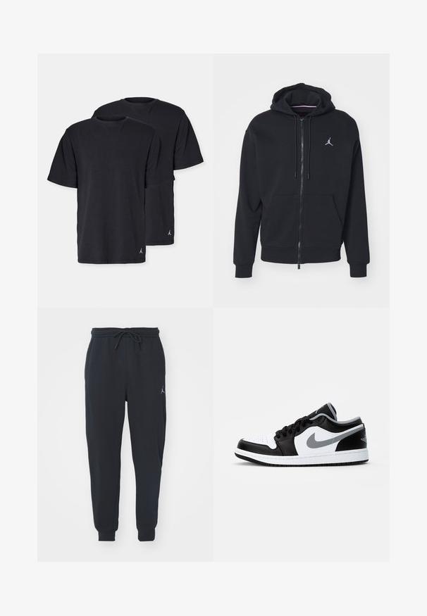 Fekete, cipzáros kapucnis pulóver, puha anyagból készült, elöl zsebes kialakítással, bordázott mandzsettákkal és fehér hímzett logóval a mellkasán.; Fekete pamut pólók, standard szabásban, rövid ujjú és kerek nyakkivágással. Bal alsó szegélyen kis logóval. Két darabos csomag.; Fekete jogger nadrág puha anyagból, hajlékony derékkal és zsinórral, bordás mandzsettákkal és kis logóval a bal combon.; Jordan AIR JORDAN 1 - Sportcipő - black/particle grey-white