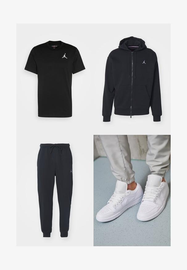 Juodas užtrauktukas džemperis, pagamintas iš minkštos medžiagos, su kengūros tipo kišene, didelėmis rankogaliais ir balta išsiuvinėta logotipu ant krūtinės.; Juodas medvilnės marškinėliai trumpomis rankovėmis, apvaliu kaklu ir baltu Jumpman logotipu kairėje krūtinės pusėje. Glotni tekstūra, standartinė išpjova.; Juodi sportiniai džinsai, pagaminti iš minkštos medžiagos, su elastingu juosmeniu ir raišteliu, su įsiūtomis rankovėmis ir mažu logotipu kairiajame šlaunyje.; Balti odiniai sportbačiai pasižymi perforuotu pirštu, plokščiomis raištelėmis, paminkštintu apykakle ir Jordan logotipu ant liežuvėlio. Dėvimi su pilkais treniruotėmis.