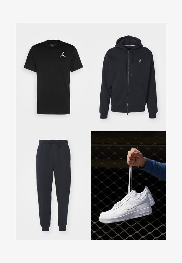 Sudadera con cremallera negra, hecha de un tejido suave, con un bolsillo tipo canguro, puños acanalados y un logo bordado en blanco en el pecho.; Camiseta de algodón negra con mangas cortas, cuello redondo y un logo Jumpman blanco en el lado izquierdo del pecho. Textura suave, ajuste estándar.; Pantalones de chándal negros hechos de tela suave, con una cinturilla elástica con cordón, puños acanalados y un pequeño logo en el muslo izquierdo.; Zapatillas de cuero blanco con perforaciones, punta redonda, suela plana y cordones gruesos, con un logo de swoosh visible y "AIR" en el talón.