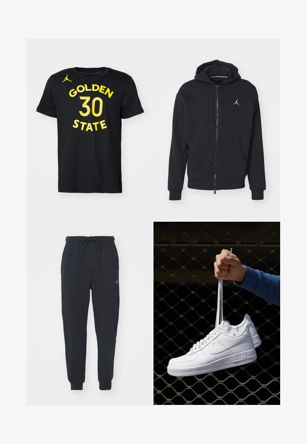 Black zip-up hoodie made from soft fabric, featuring a kangaroo pocket, ribbed cuffs, and a white embroidered logo on the chest.; Nike Performance NBA GOLDEN STATE WARRIORS STEPHEN CURRY TEE - Club wear - black; Black jogger pants made of soft fabric, featuring an elastic waistband with a drawstring, ribbed cuffs, and a small logo on the left thigh.; White leather sneakers with perforations, round toe, flat sole, and thick laces, featuring a visible swoosh logo and "AIR" on the heel.