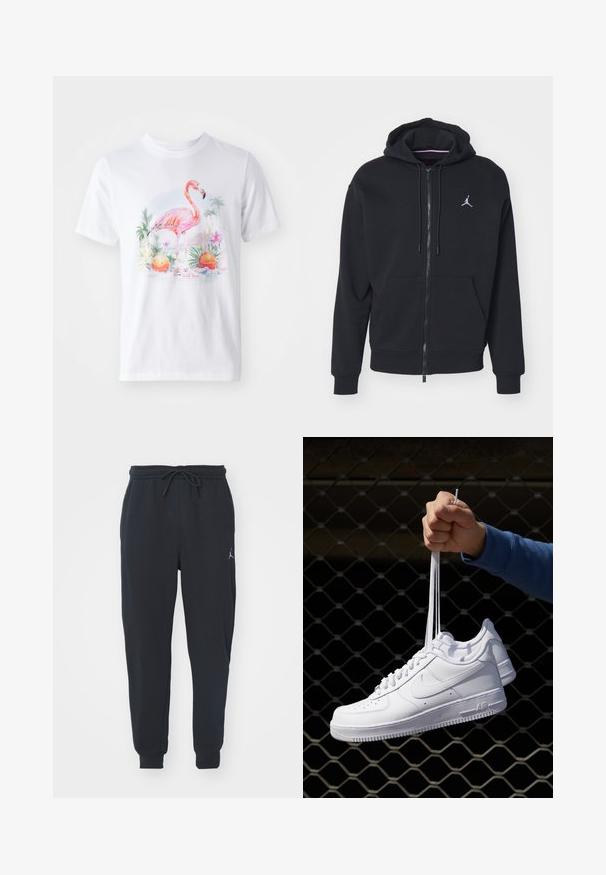 Fleeced preto com fecho, feito de um tecido suave, apresentando um bolso canguru, punhos canelados e um logo bordado branco no peito.; Camiseta de algodão branca com um gráfico colorido de um flamingo cor-de-rosa rodeado por plantas tropicais e laranjas, com suaves detalhes em aquarela.; Calças de jogger pretas feitas de um tecido macio, apresentando uma cintura elástica com cordão, punhos canelados e um pequeno logótipo na coxa esquerda.; Sapatilhas de couro branco com perfurações, biqueira redonda, sola plana e atacadores grossos, apresentando um logotipo swoosh visível e "AIR" no calcanhar.