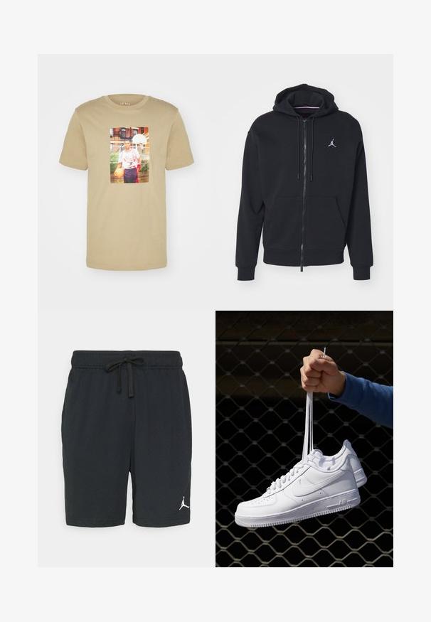 Fleeced preto com fecho, feito de um tecido suave, apresentando um bolso canguru, punhos canelados e um logo bordado branco no peito.; T-shirt de algodão bege com mangas curtas, apresentando uma imagem impressa central de um jogador segurando uma bola de basquete contra um cenário urbano.; Calças de desporto pretas feitas de tecido perfurado com uma cintura elástica e cordão. Apresenta um logótipo branco no lado inferior esquerdo.; Sapatilhas de couro branco com perfurações, biqueira redonda, sola plana e atacadores grossos, apresentando um logotipo swoosh visível e "AIR" no calcanhar.