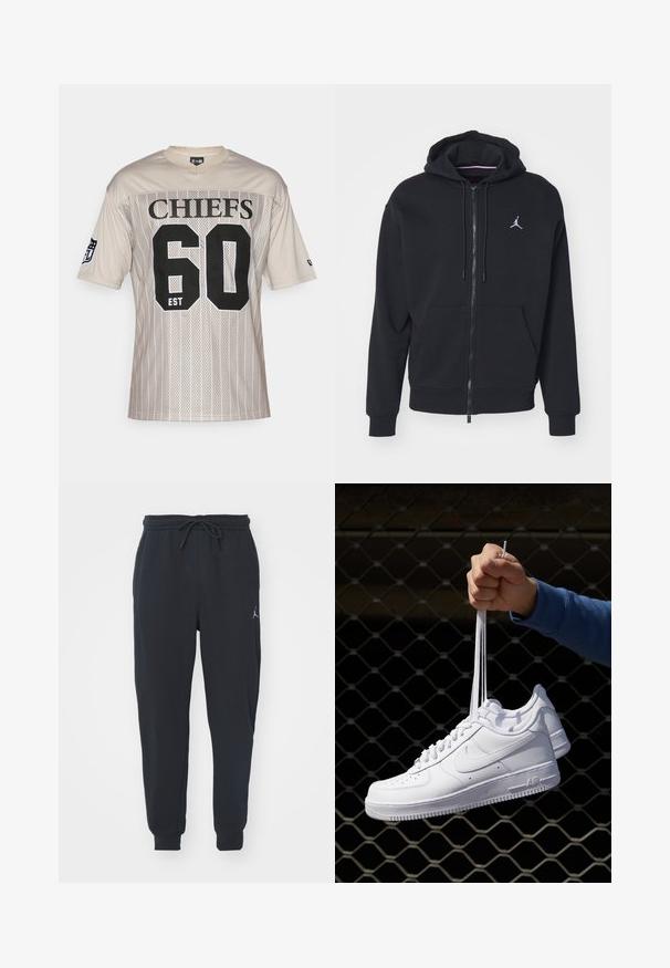 Fleeced preto com fecho, feito de um tecido suave, apresentando um bolso canguru, punhos canelados e um logo bordado branco no peito.; Camisola de futebol em malha bege com "CHIEFS" em preto, número "60" ao centro e "EST" abaixo. Logo da NFL na manga esquerda.; Calças de jogger pretas feitas de um tecido macio, apresentando uma cintura elástica com cordão, punhos canelados e um pequeno logótipo na coxa esquerda.; Sapatilhas de couro branco com perfurações, biqueira redonda, sola plana e atacadores grossos, apresentando um logotipo swoosh visível e "AIR" no calcanhar.
