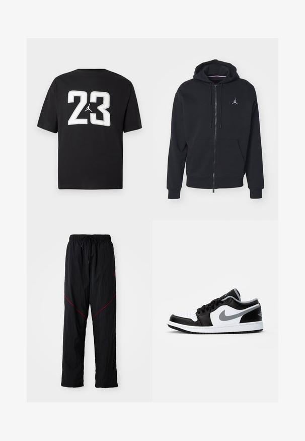 Melnas ar rāvējslēdzēju kapucēta jaka, izgatavota no mīksta auduma, ar kangaru kabatu, ribinātām piedurknēm un baltu izšūtu logo uz krūtīm.; Melnas kokvilnas T-kreklis ar lielu baltu "23" un Jumpman logotipu uz priekšpuses; īsās piedurknes un klasisks apaļais kakla dizains.; Melni sporta bikses ar teksturētu apdari, ar regulējamu jostu, sarkanu akcentu līnijām un brīvu piegriezumu.; Jordan AIR JORDAN 1 LOW - Treniņu apavi - black/particle grey-white