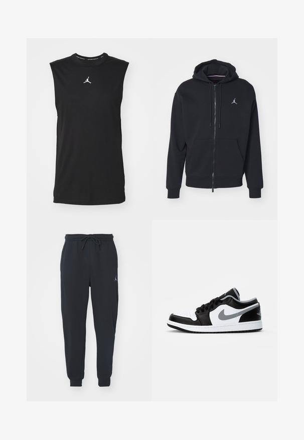 Svart hettegenser med glidelås laget av myk stoff, har kenguru-lomme, ribbede mansjetter og en hvit brodert logo på brystet.; Svart ermeløs skjorte laget av bomull, med rund halslinning og en hvit Jumpman-logo i midten. Glatt tekstur, vanlig passform.; Svart joggebukse laget av myk stoff, med elastisk midje med snøring, ribbede mansjetter og en liten logo på venstre lår.; Jordan AIR JORDAN 1 LOW - Joggesko - black/particle grey-white
