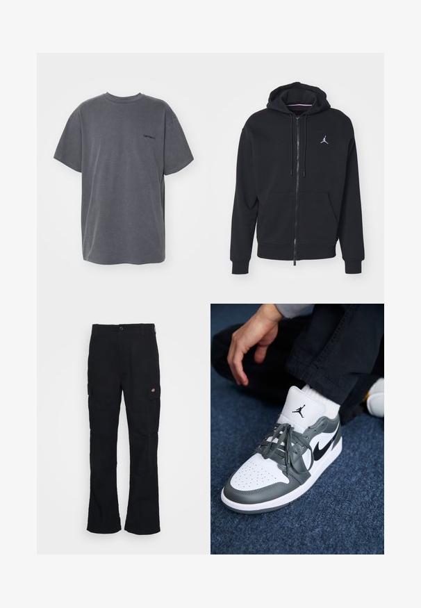 Black zip-up hoodie made from soft fabric, featuring a kangaroo pocket, ribbed cuffs, and a white embroidered logo on the chest.; Carhartt WIP DUSTER SCRIPT - Basic T-shirt - black; Black cargo pants with a straight leg design, made from durable fabric, featuring side pockets and a patch logo on the left side.; Nike Air Jordan 1 sneakers in white and gray leather, featuring a black logo, perforated toe, and flat gray laces.