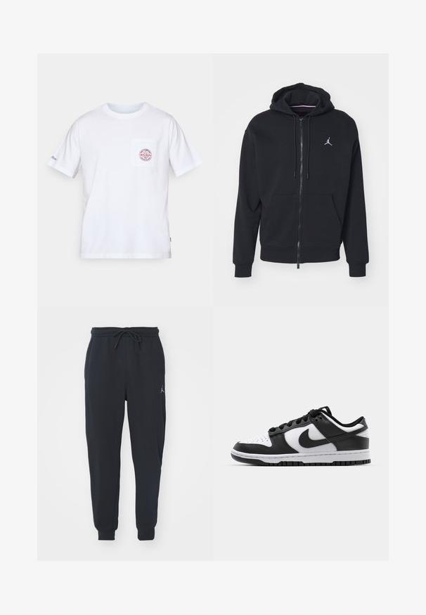 Sort zip-up hoodie lavet af blødt stof, med en kængurulomme, ribbede manchetter og et hvidt broderet logo på brystet.; Hvid bomulds t-shirt med rund halsudskæring, korte ærmer og en frontlomme med et rødt og blåt logo design. Standard pasform.; Sorte joggingbukser lavet af blødt stof, med en elastisk talje med snøre, ribbede manchetter og et lille logo på venstre lår.; Sort og hvid Nike Dunk sneakers med læderoverdel, perforeret tå, sorte snørebånd og en sort gummisål med slidbanedesign.