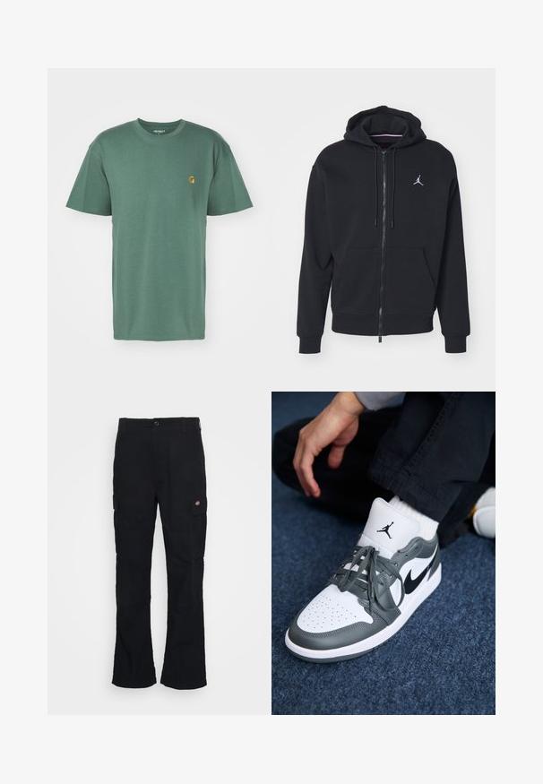 Black zip-up hoodie made from soft fabric, featuring a kangaroo pocket, ribbed cuffs, and a white embroidered logo on the chest.; Carhartt WIP CHASE - Basic T-shirt - duck green/gold; Black cargo pants with a straight leg design, made from durable fabric, featuring side pockets and a patch logo on the left side.; Nike Air Jordan 1 sneakers in white and gray leather, featuring a black logo, perforated toe, and flat gray laces.