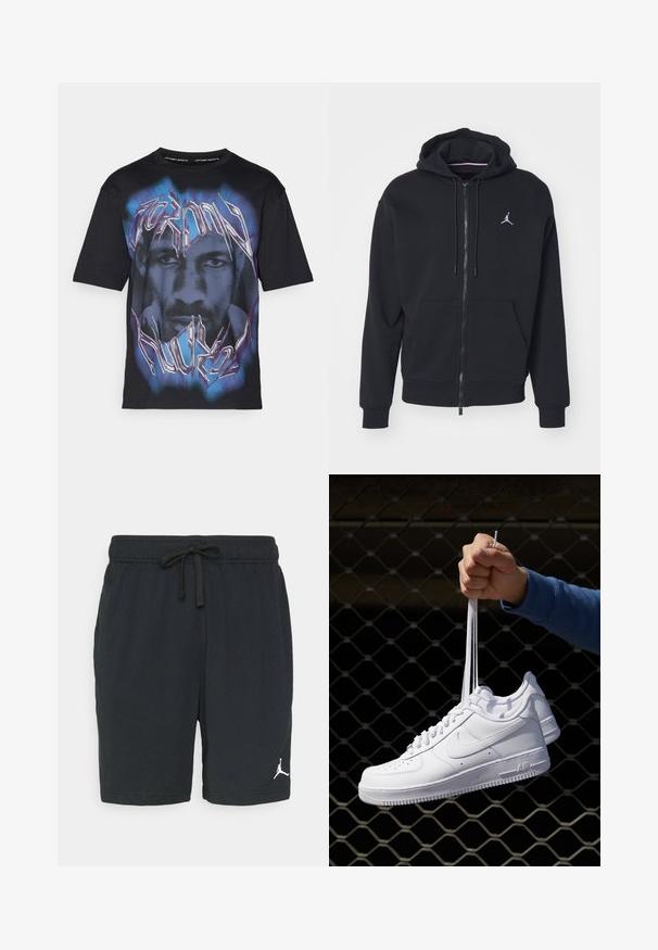 Svart hettegenser med glidelås laget av myk stoff, har kenguru-lomme, ribbede mansjetter og en hvit brodert logo på brystet.; Svart t-skjorte med grafisk design av et ansikt og stilisert tekst i lilla og blå nyanser, laget av myk bomull.; Sorte idrettsshorts laget av perforert stoff med elastisk midje og snor. Har hvitt logo nederst til venstre.; Hvite skinnsneakers med perforeringer, rund tå, flat såle og tykke lisser, med en synlig swoosh-logo og "AIR" på hælen.