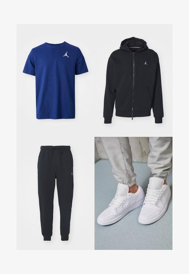Felpa nera con zip realizzata in tessuto morbido, con tasca a marsupio, polsini a costine e un logo ricamato bianco sul petto.; T-shirt blue a maniche corte con collo rotondo e logo Jumpman bianco sul lato sinistro del petto.; Pantaloni jogger neri realizzati in tessuto morbido, dotati di una vita elastica con coulisse, polsini a costine e un piccolo logo sulla coscia sinistra.; Le sneakers in pelle bianca presentano una punta forata, stringhe piatte, colletto imbottito e il logo Jordan sulla linguetta. Indossate con pantaloni jogger grigi.