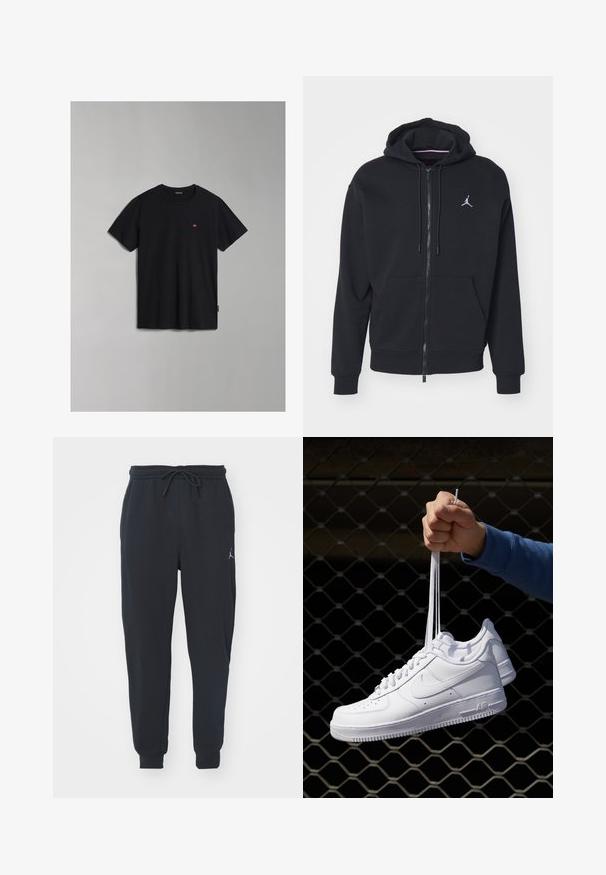 Schwarze Zip-Hoodie aus weichem Stoff, mit einer Kängurutasche, gerippten Bündchen und einem weißen gestickten Logo auf der Brust.; Schwarzes Baumwoll-T-Shirt mit rundem Ausschnitt und kurzen Ärmeln. Mit einem kleinen Logodetail auf der Brust und einem seitlichen Etikett. Angenehme, glatte Textur.; Schwarze Jogginghosen aus weichem Stoff, mit einem elastischen Taillenbund und Kordelzug, gerippten Bündchen und einem kleinen Logo am linken Oberschenkel.; Weiße Leder-Sneaker mit Perforationen, runder Zehenpartie, flacher Sohle und dicken Schnürsenkeln, mit sichtbar eingesticktem Swoosh-Logo und "AIR" an der Ferse.