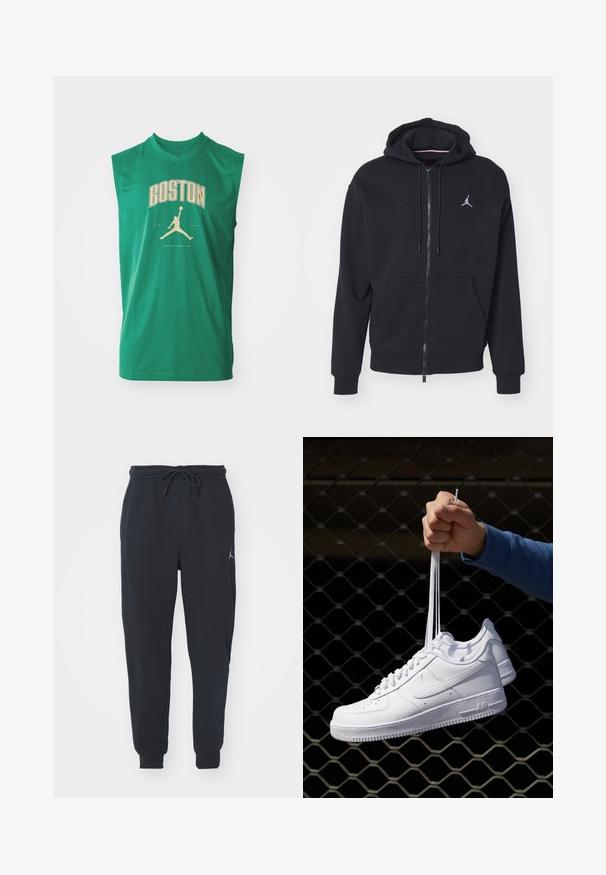 Černá zipová mikina vyrobená z měkké látky, se klokaní kapsou, ribbed manžetami a bílým vyšitým logem na hrudi.; Zelené bezrukávové sportovní tričko s nápisem "BOSTON" v zlaté barvě a logem siluety basketbalového míče. Hladká tkanina s uvolněným střihem.; Černé teplákové kalhoty vyrobené z měkké tkaniny, s elastickým pasem na šňůrku, žebrovanými manžetami a malým logem na levém stehně.; Bílé kožené tenisky s perforacemi, kulatou špičkou, plochou podrážkou a silnými tkaničkami, které mají viditelné logo swoosh a nápis "AIR" na patě.